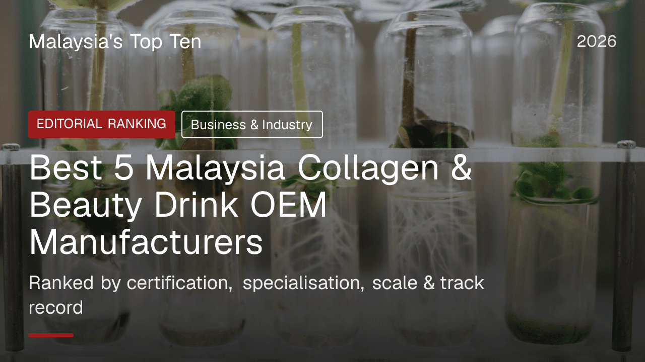 Laboratory test tubes with rooting plant cuttings and visible root systems, evoking ingredient and formulation science, with the title Best 5 Malaysia Collagen and Beauty Drink OEM Manufacturers overlaid